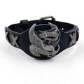 Black leather bracelet with eagle alloy watch-buttom clasp showing geometric shape