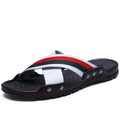 Men's leather flip-flops in blue with a non-slip PU sole, shown on a size chart.