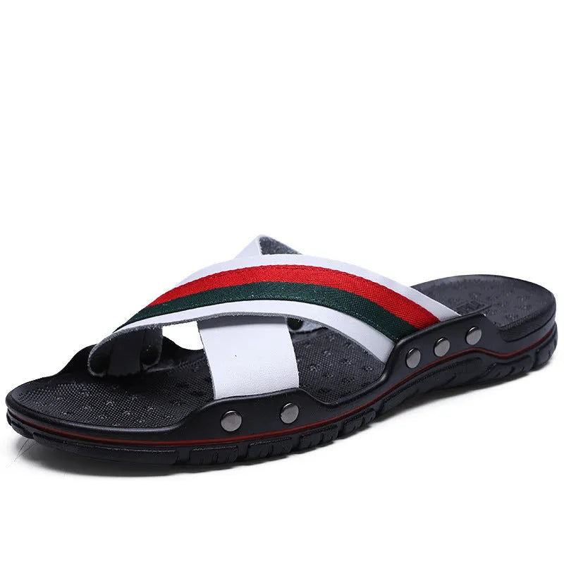 Men's leather flip-flops in blue with a non-slip PU sole, shown on a size chart.