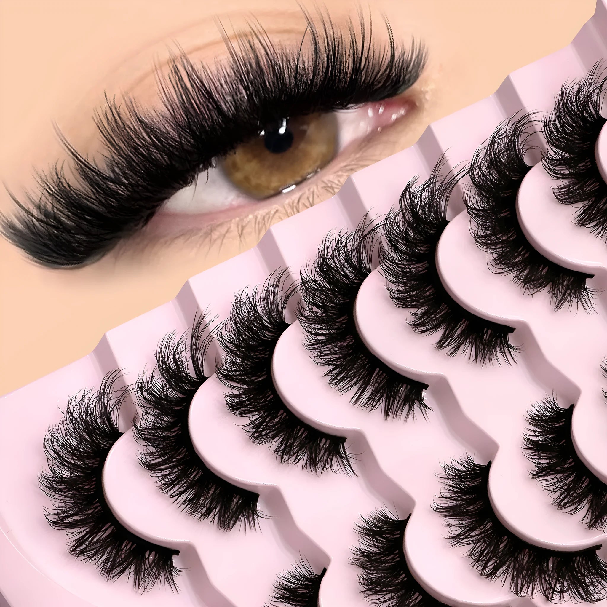Box of natural false eyelashes with six size options and included glue