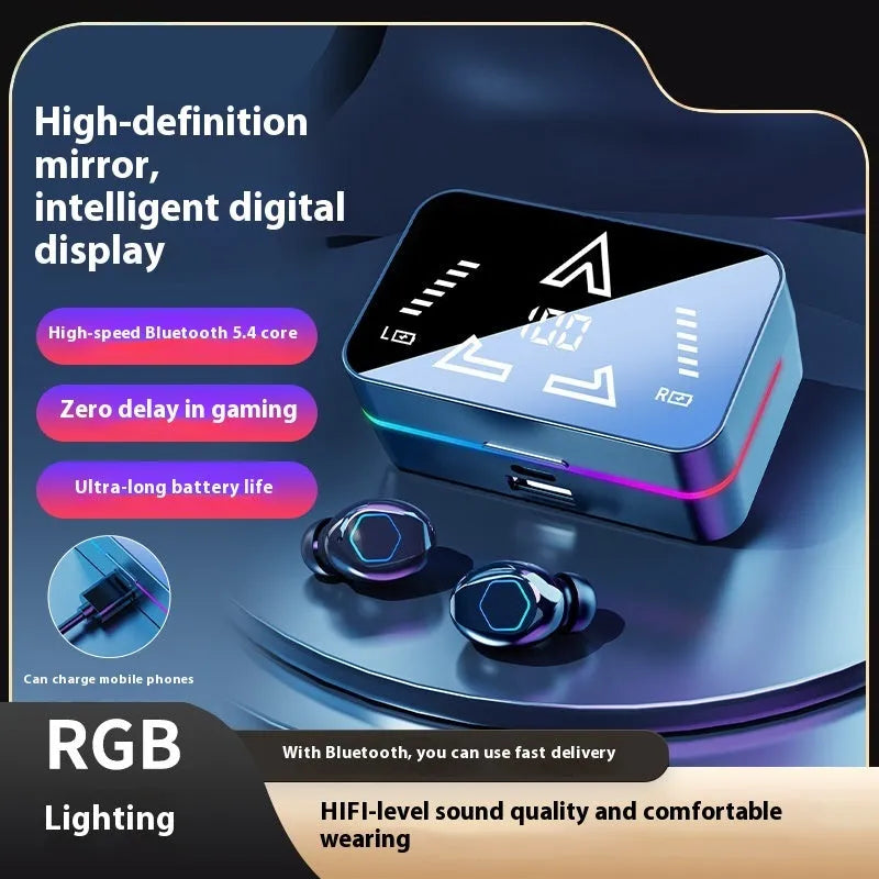M49PRO in-ear Bluetooth headset in black with mirror digital display and breathing light