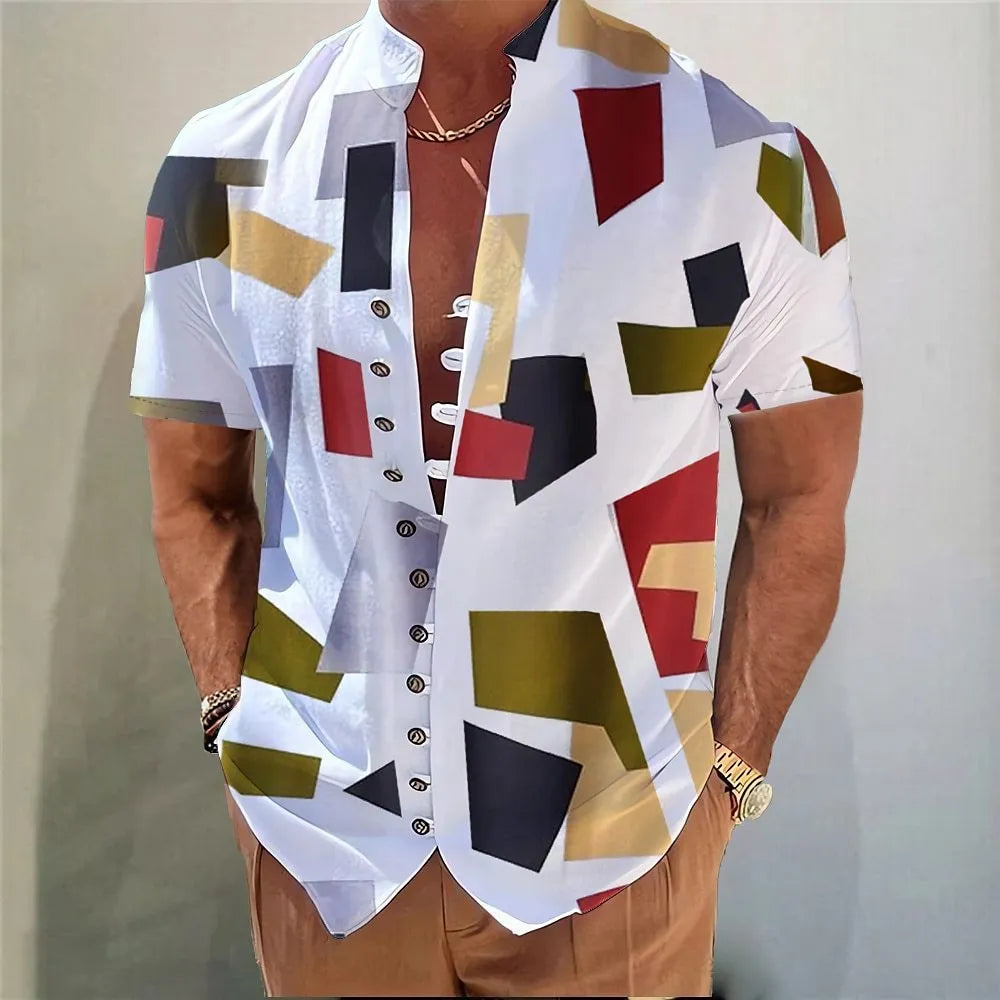 Youth wearing a short sleeve cardigan shirt with a geometric floral pattern in a polyester blend fabric.