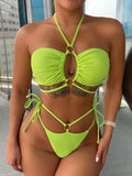 Yellow green women's lace-up triangle bikini swimsuit with matching t-pants