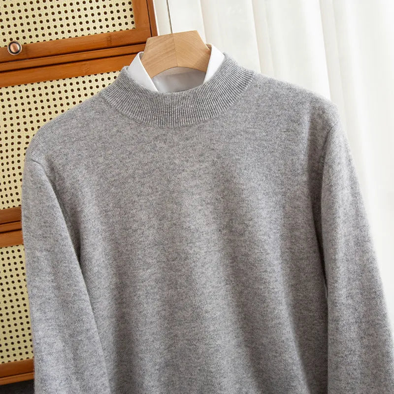 Men's loose fit half-collar sweater in chunky wool knit, shown in camel colour.