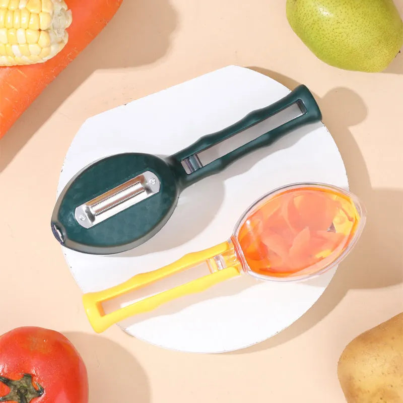 Yellow peeling knife with a storage lid next to a potato, showing its stainless steel blade and modern handle.