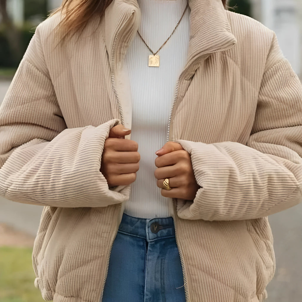 Women's apricot corduroy wadded jacket with stand collar and front zipper in street fashion style