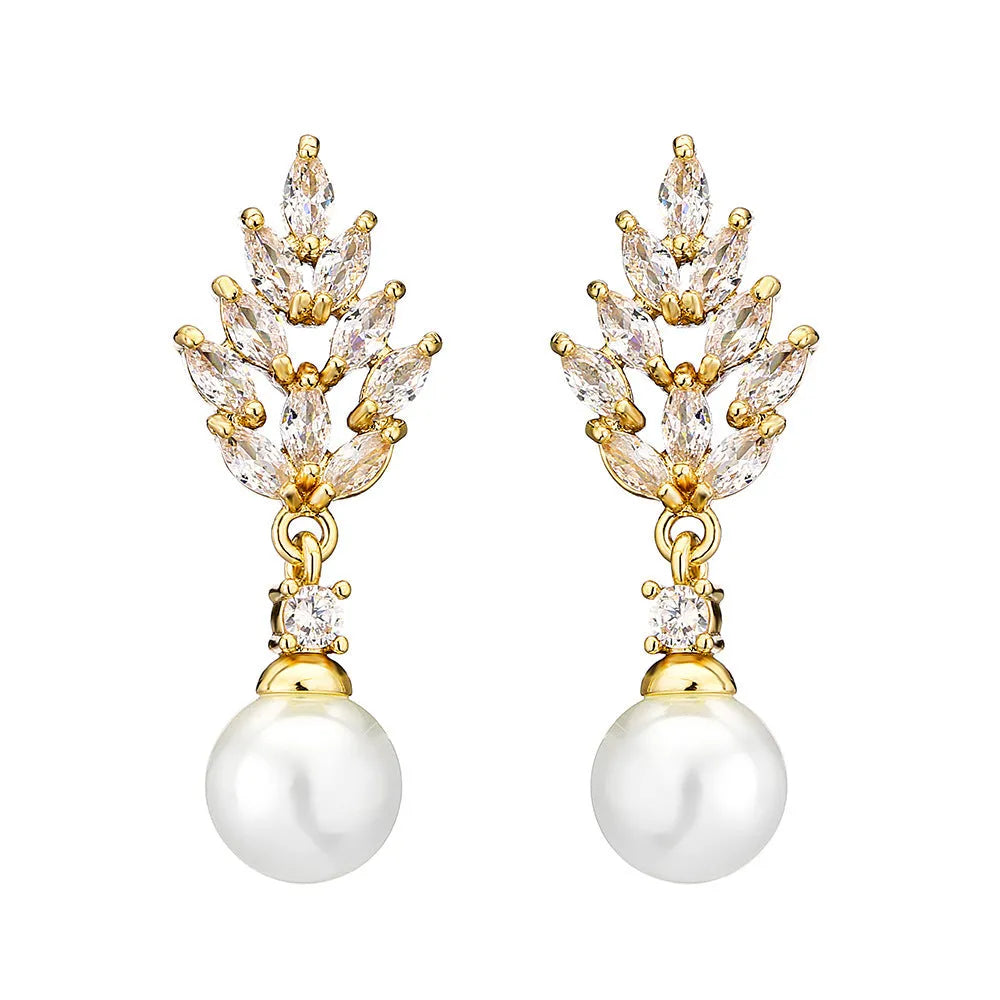 Geometric floral design earrings with micro inlaid zircon, available in white gold, rose gold, and platinum plating.