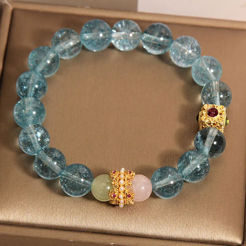 Blue cube sugar crystal Chinese style bracelet on flexible diamond ring for women