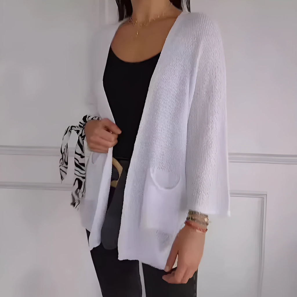 Women's waffle knit cardigan coat with nine-quarter sleeves in army green colour