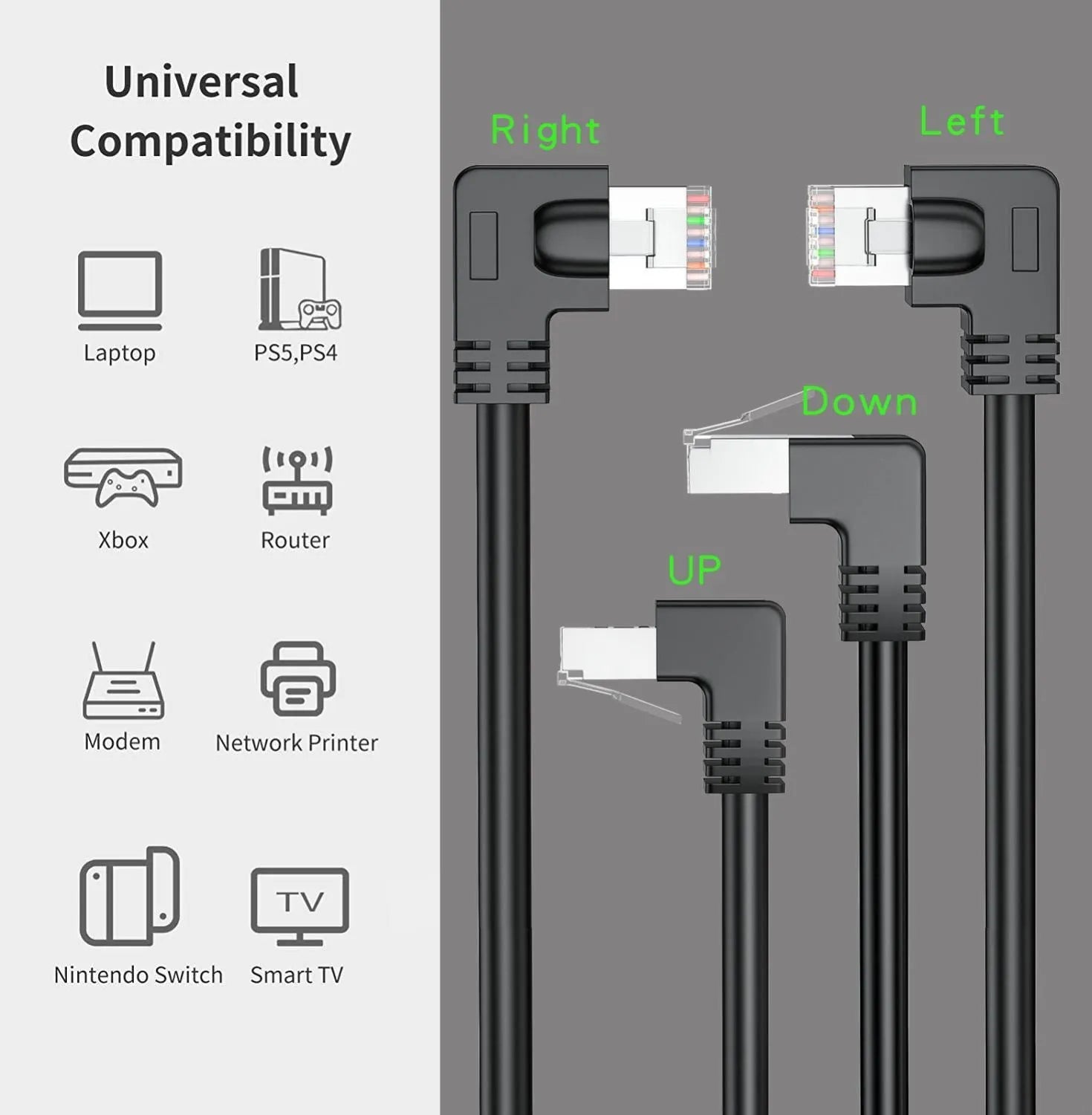 Cat6 Ethernet cable with a black right angle metal RJ45 connector on a grey background.