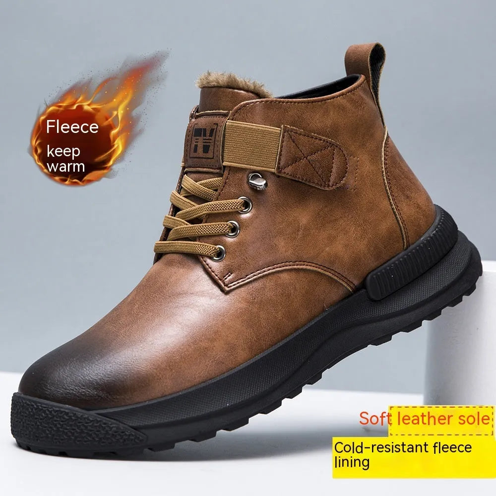 Men's black Martin platform boots with high-top design and velvet PU upper.
