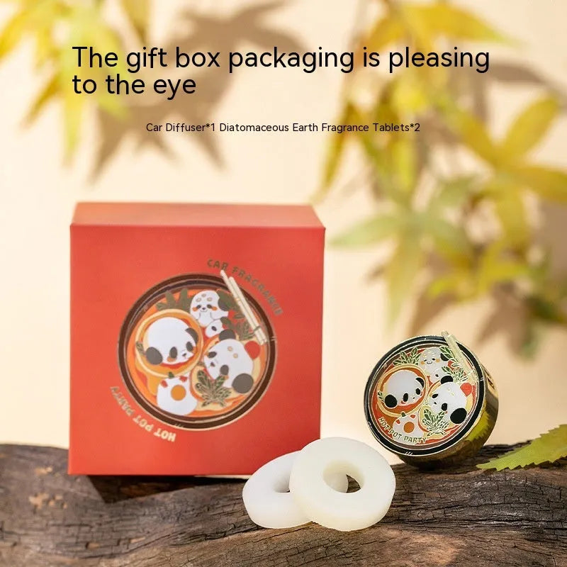 Panda hot pot shaped car air vent fragrance clip on a car vent with diatomaceous earth scent tablets.