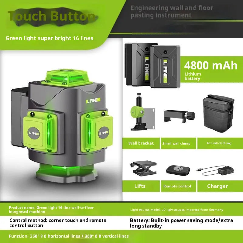 16 line green laser level showing 360 degree projection pattern for construction alignment