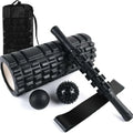 Black six-piece foam roller massage bar with gear design measuring 33cm length