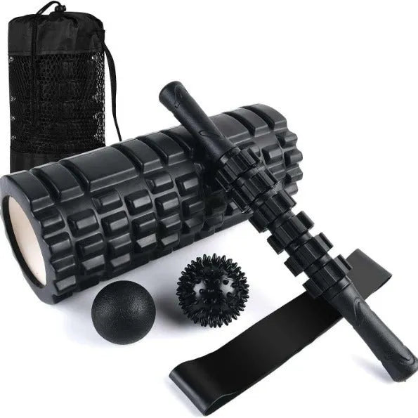 Black six-piece foam roller massage bar with gear design measuring 33cm length
