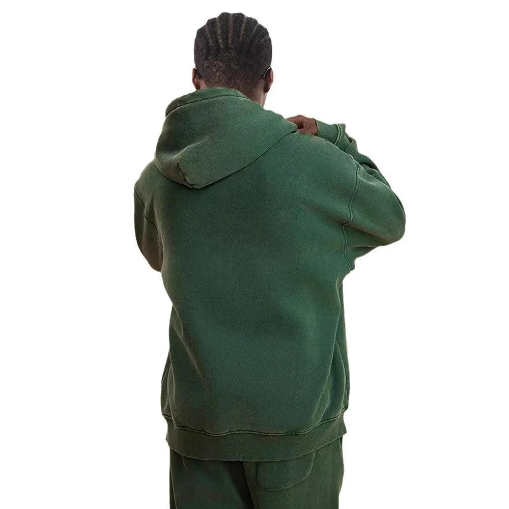 Men's vintage washed cotton hooded cardigan with fleece lining and a double front zipper.