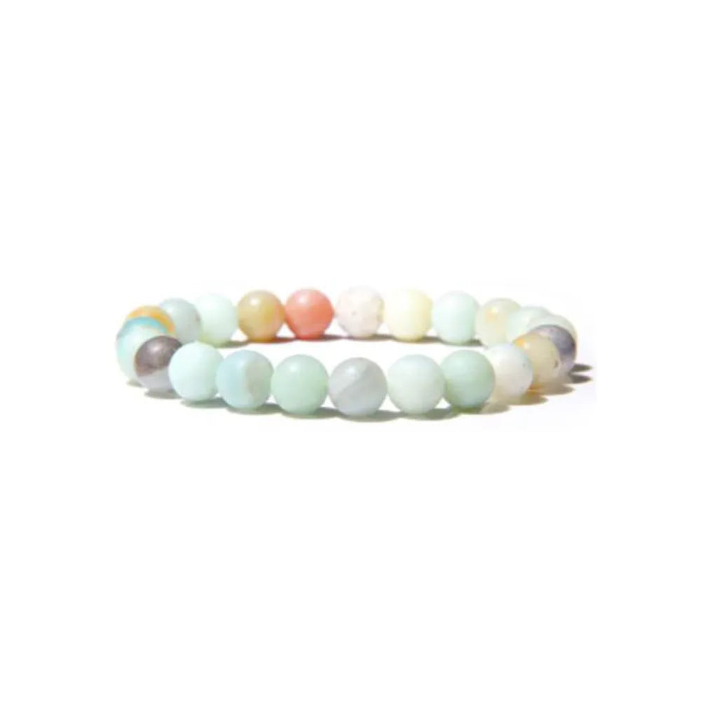 Close-up of a handmade bracelet with round 8mm agate beads in various natural stone colours on a wrist.