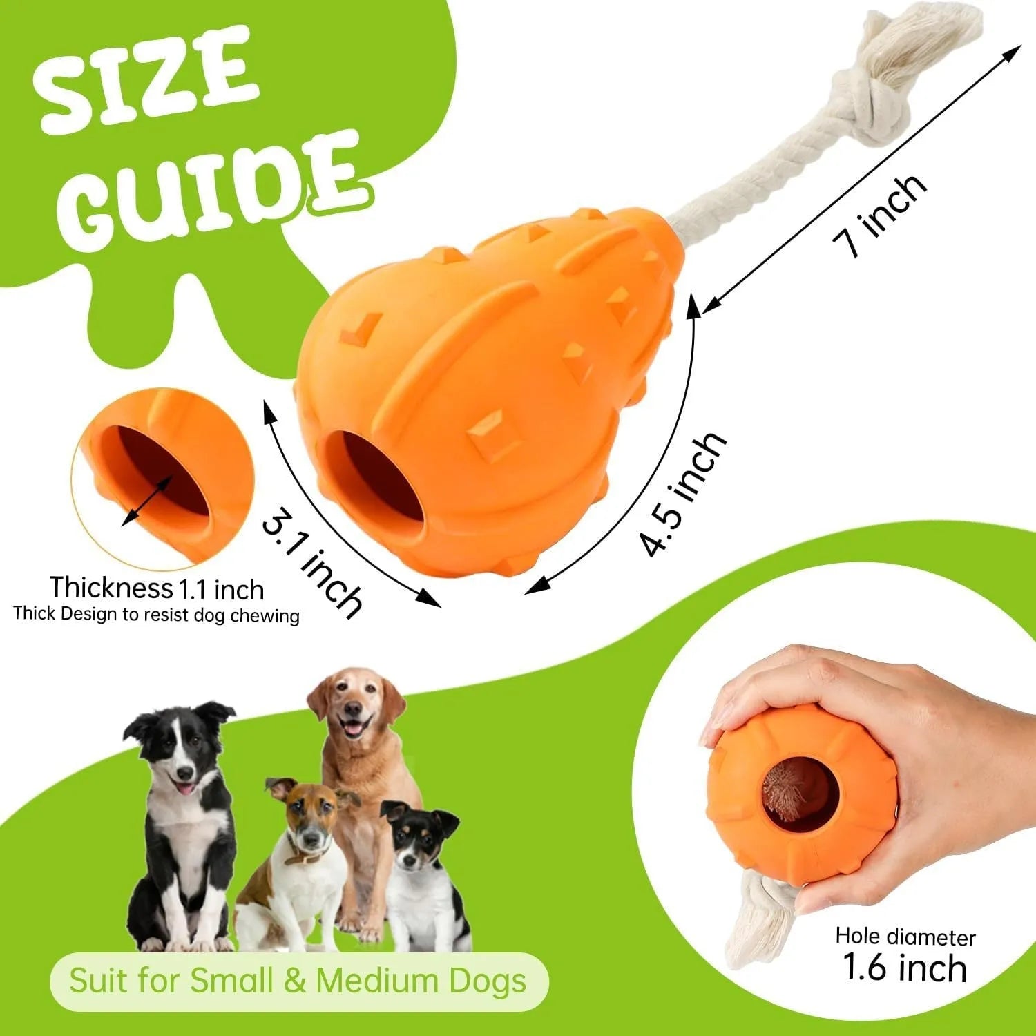 Natural rubber stuffable dog chew and fetch toy with longer strap for small medium breed dogs