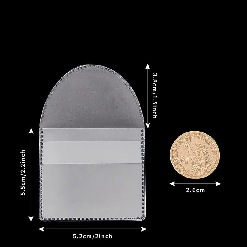 Transparent PVC soft badge bag 0.2mm thick holding coins on a flat surface