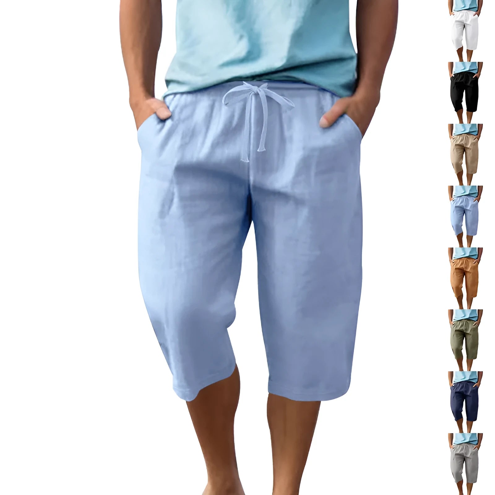 Men's loose fit linen shorts in a solid colour with a high waist and drawstring closure.