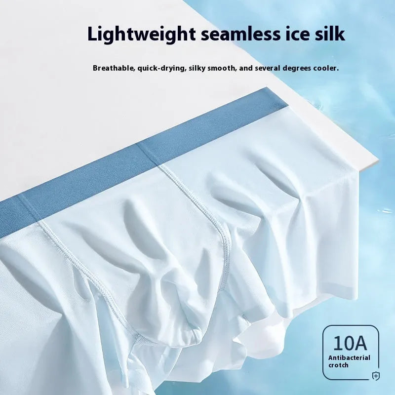 Men's ice silk graphene antibacterial shorts in bean green colour showing seamless mid-waist design