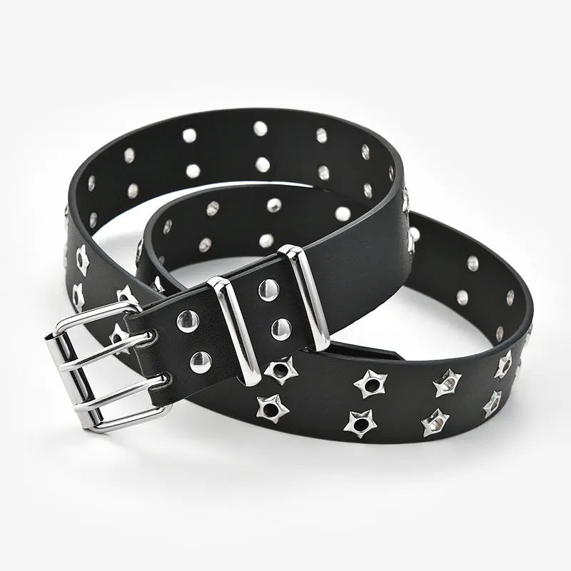 Women's fashion stars decorative double-row belt in imitation leather with alloy buckle, 110x3.3cm