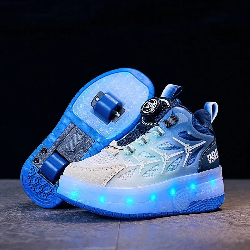 Children's striped roller skates with a prominent adjustment knob on the side, shown in blue colour.