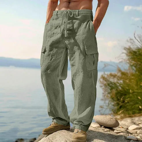 Men's thin cotton wide-leg casual trousers in a solid colour on a mid-waist fit.
