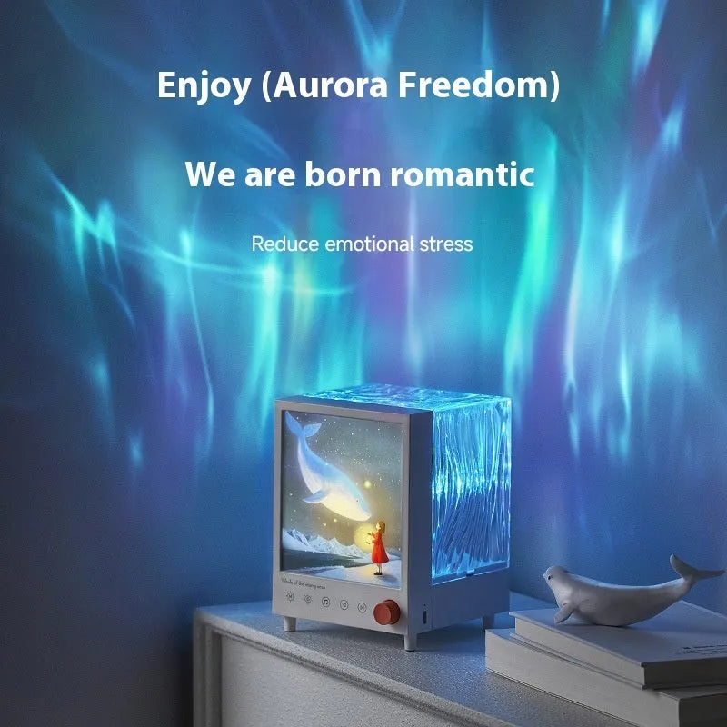 Aurora Treasure Box projection lamp showing Star Sea Whale light colour with compact design