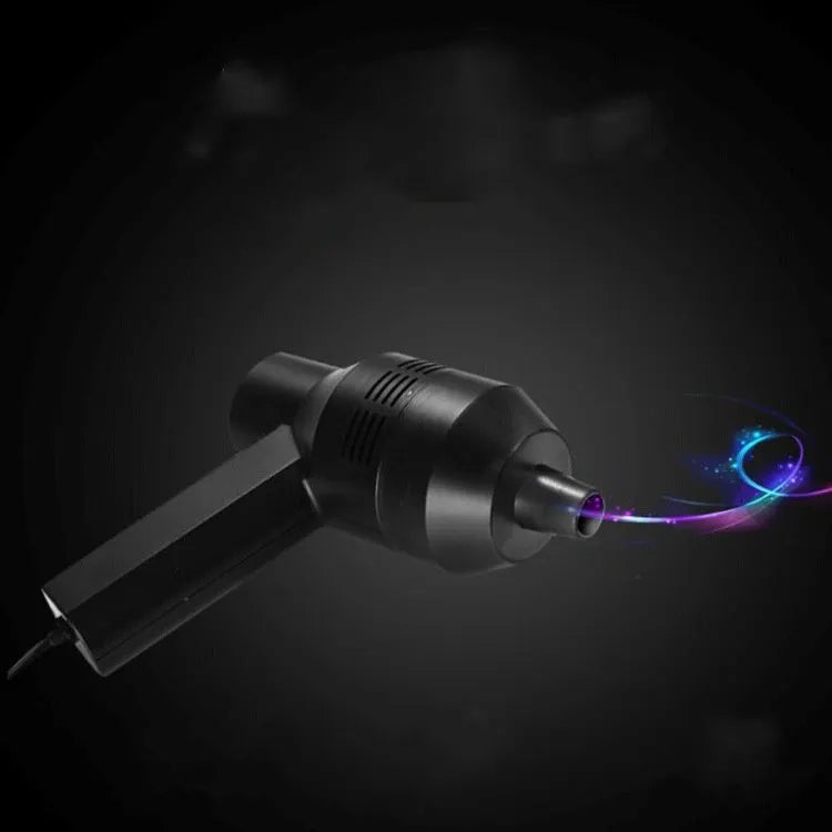 Black desktop mini vacuum cleaner with USB cable and dust collection chamber for keyboard and small space cleaning