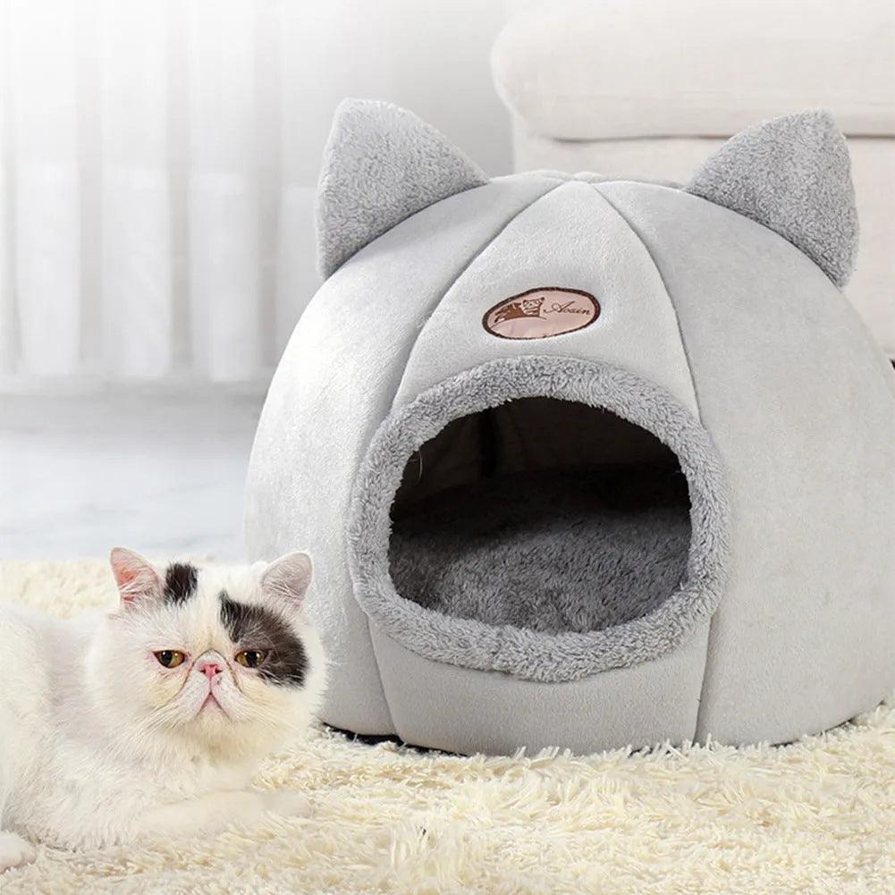 Large beige fully enclosed cat sofa winter nest with warm lining