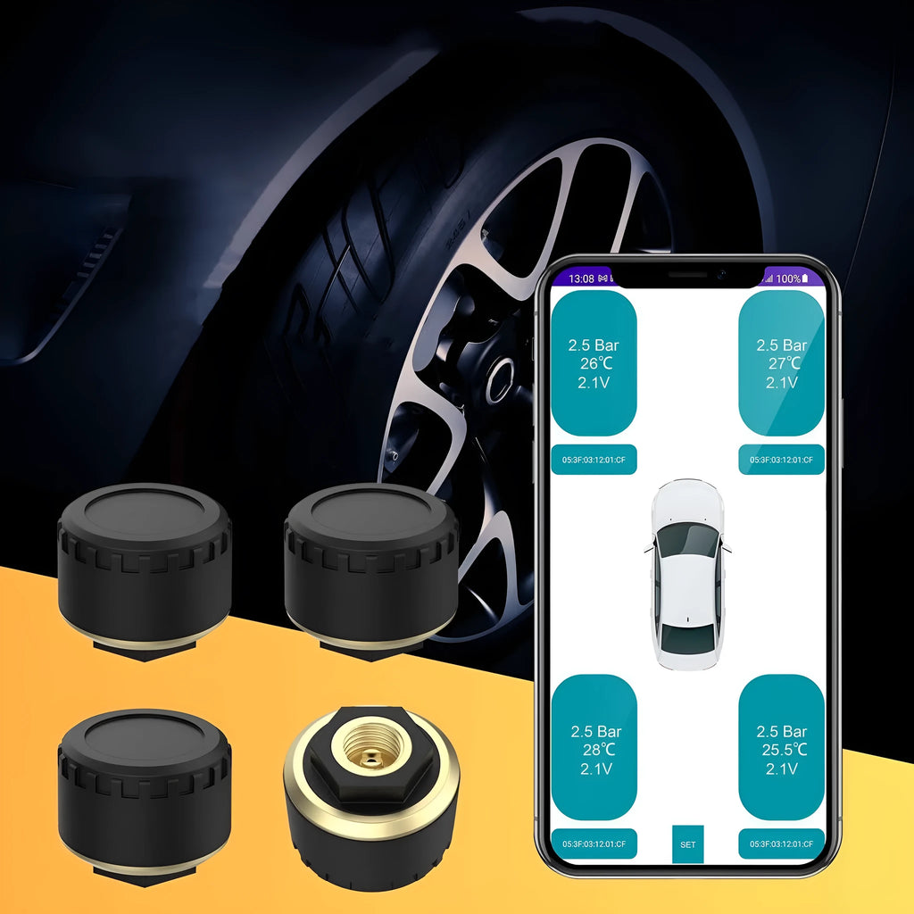 Black Bluetooth tyre pressure monitoring system with four units for car wheels and mobile app display
