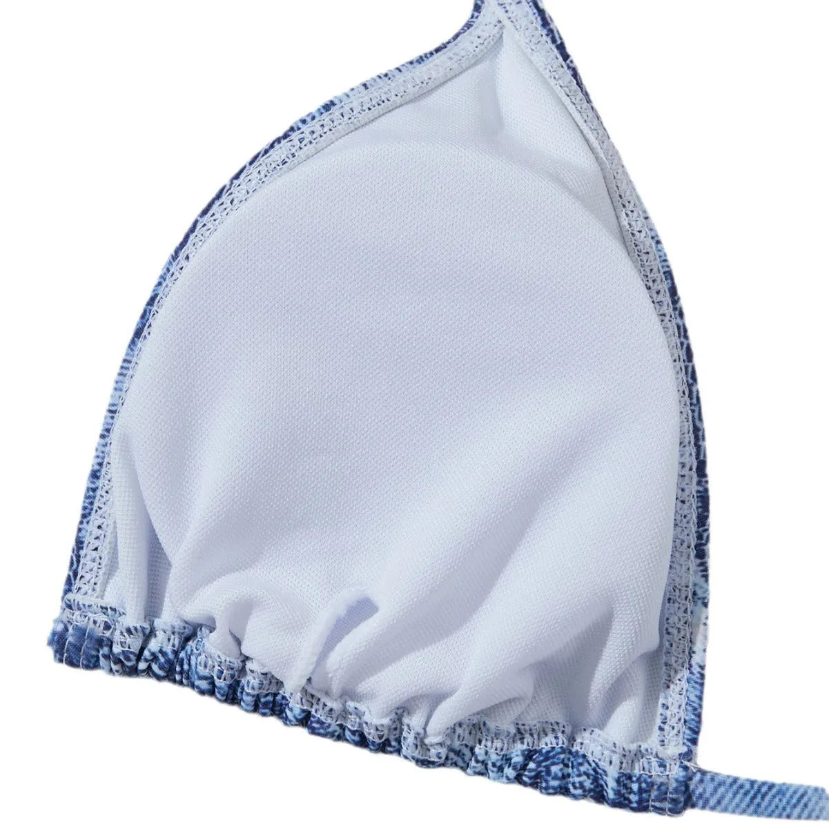 Denim blue women's bikini set with printed strap design on a hanger.