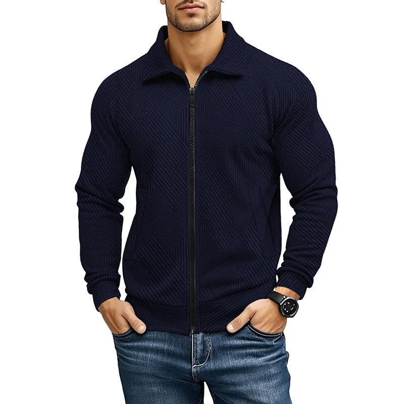 Men's solid colour cotton blend British style jacket with turn-down collar on a hanger.