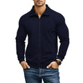 Men's solid colour cotton blend British style jacket with turn-down collar on a hanger.
