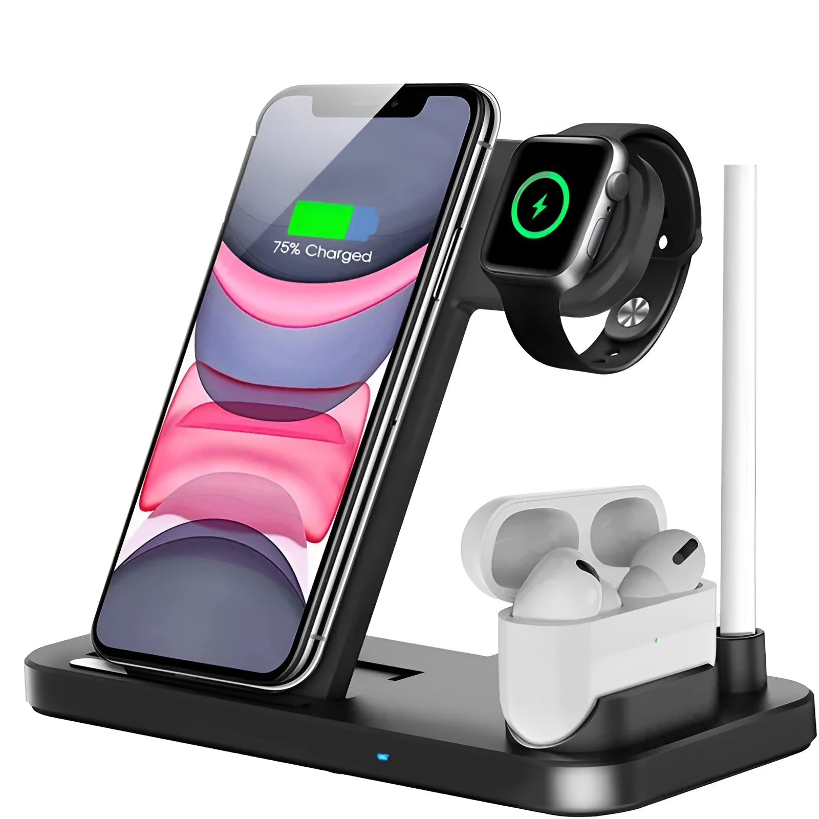 Folding 4-in-1 wireless charger in stand mode charging an iPhone and Apple Pencil.