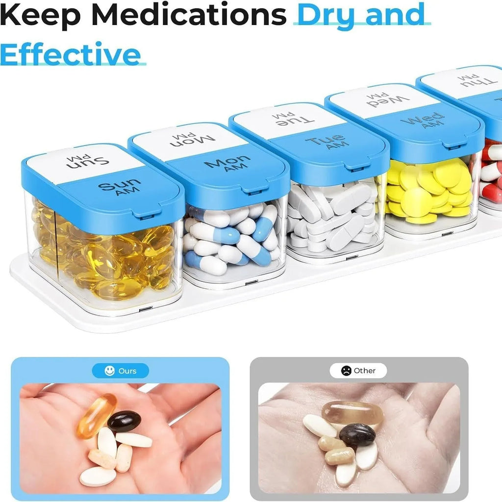 Extra large white and rainbow plastic pill organiser box with 14 removable grid compartments open on a table.