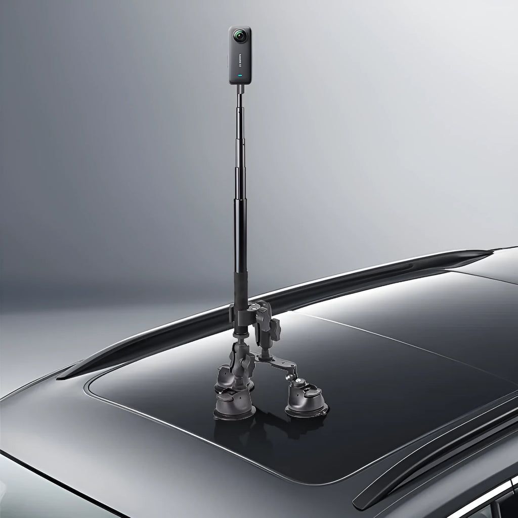 Panoramic camera suction cup bracket with 1.2m extension rod on car roof surface, nylon and alloy build