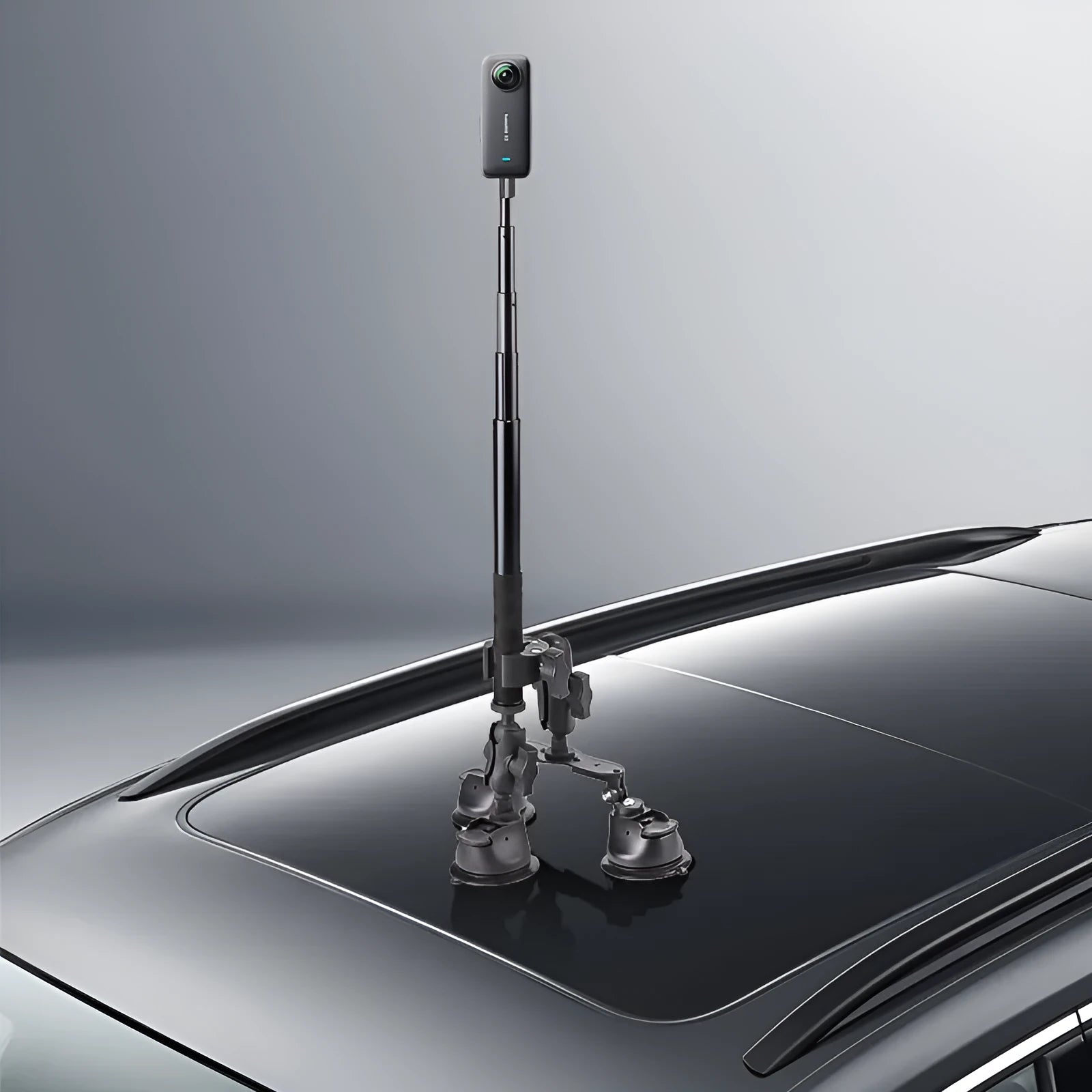 Panoramic camera suction cup bracket with 1.2m extension rod on car roof surface, nylon and alloy build