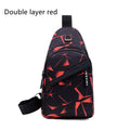 Medium blue crossbody chest bag for men with a visible earphone hole and zipper opening.