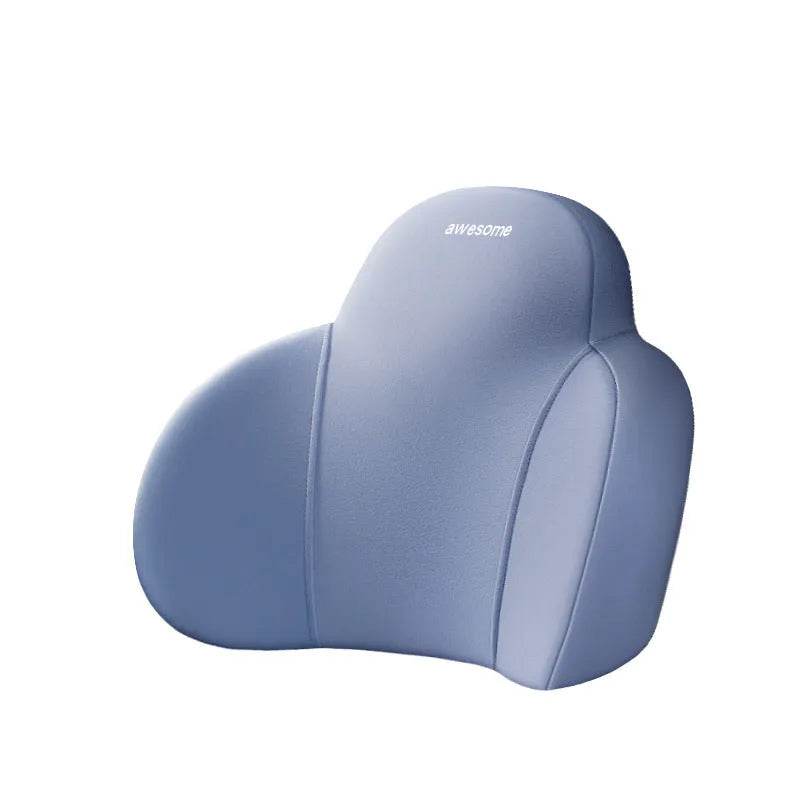 Automotive memory foam headrest and lumbar support pillows with cotton covers in various two-tone colours.