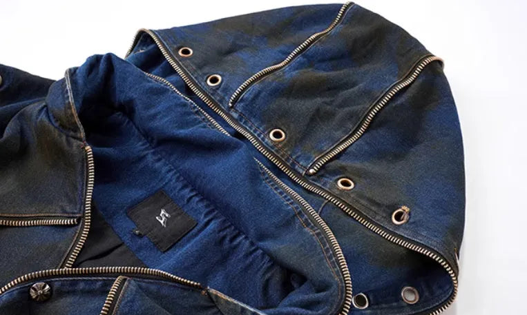 Blue hooded denim vest coat with matching trousers mens Korean style casual set