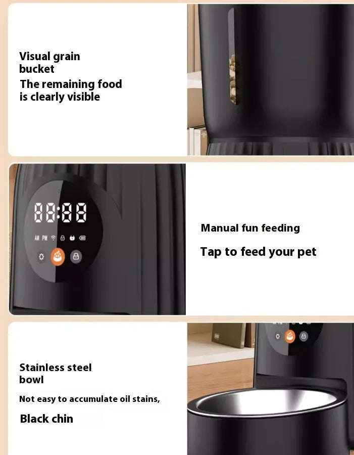 Black and white intelligent pet feeder with automatic timing and portion control for dry food