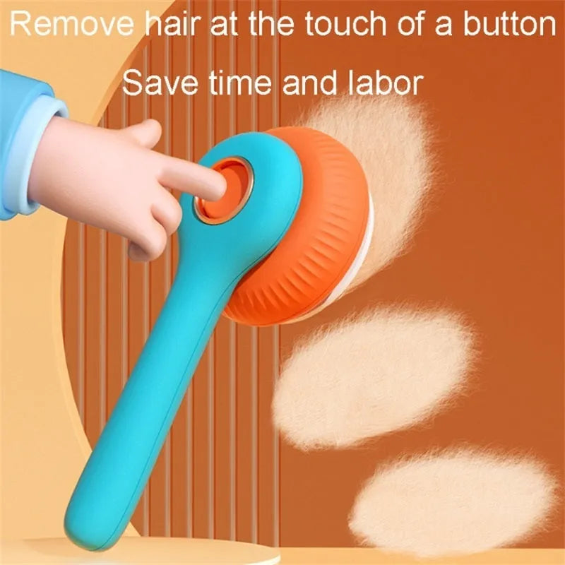 Blue and white self-cleaning pet grooming slicker brush with massage function for cats and dogs.