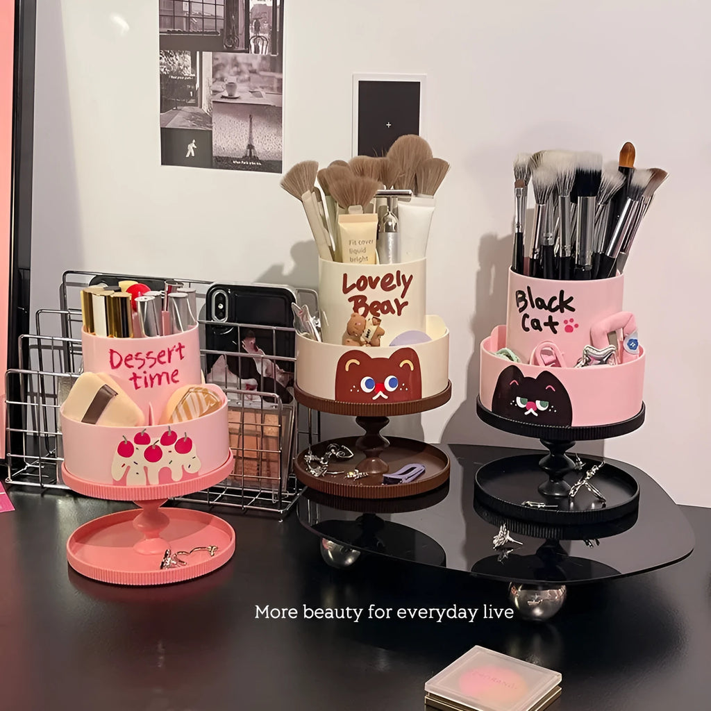 Rotating Japanese-style cosmetic brush storage barrel with 18L capacity in beige, shown with included rack.