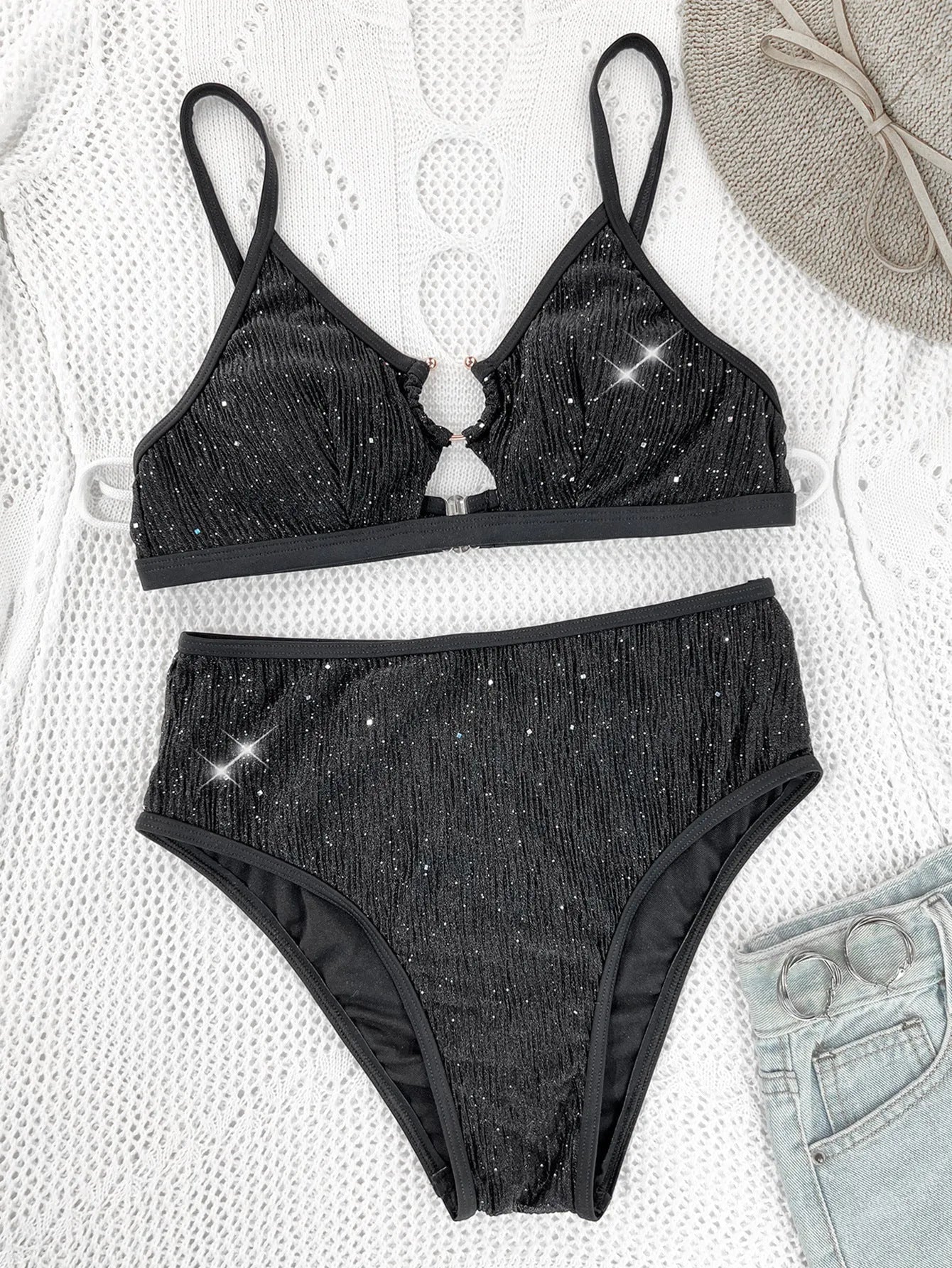Women's black split sequin metal ring high waist swimsuit for swimming sports