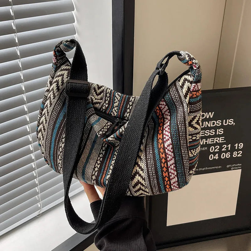 Women's ethnic style canvas crossbody dumpling bag with three-dimensional pockets in five colour options