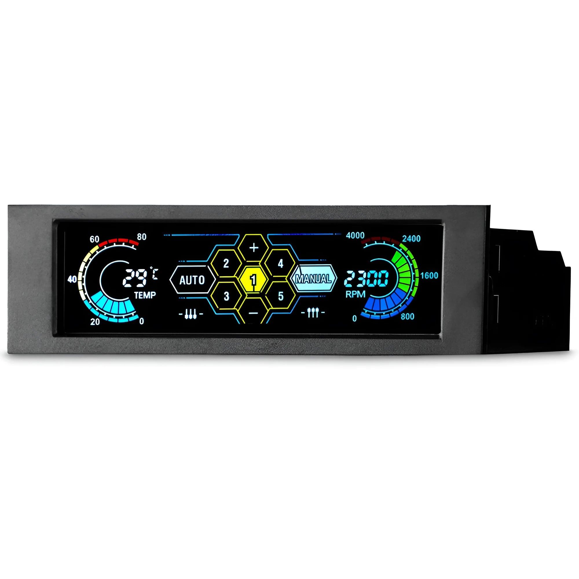 Black touch screen PC temperature controller unit designed for optical drive bay mounting.