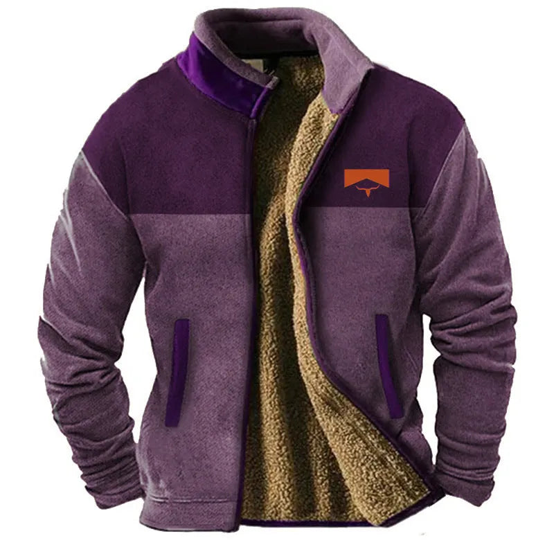 Men's green polyester fleece padded coat showing regular fit and front zipper.