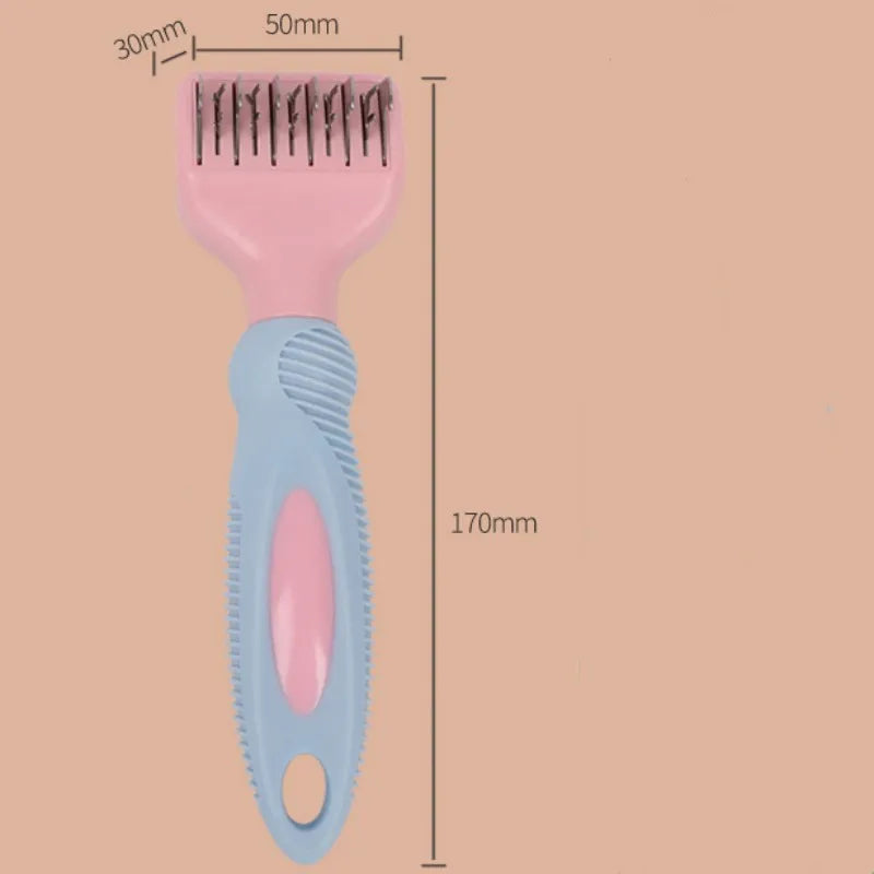 Stainless steel pet grooming comb with pink rubber handle for dogs and cats